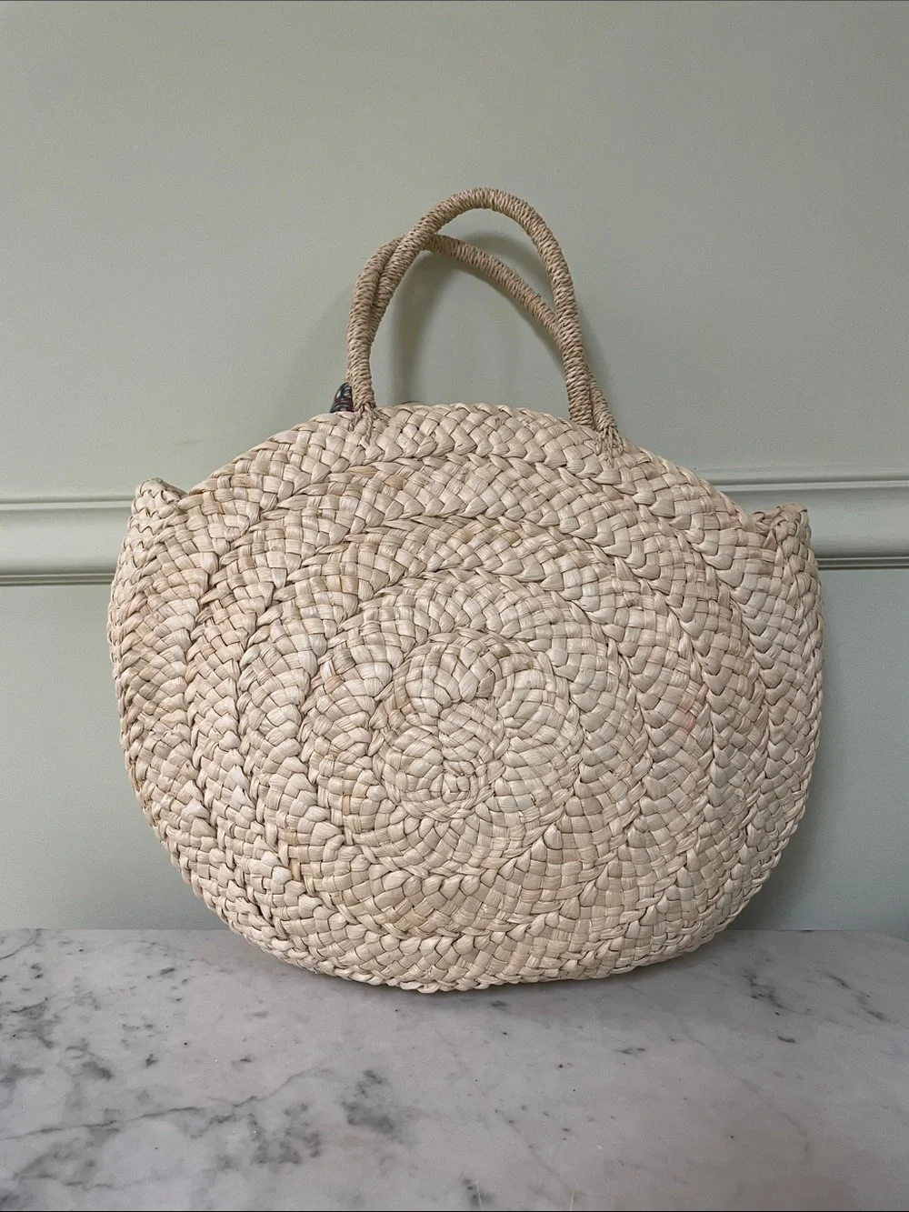 Maud Fourier Paris for Anthropologie  Round Straw Tote with Initial “J”
